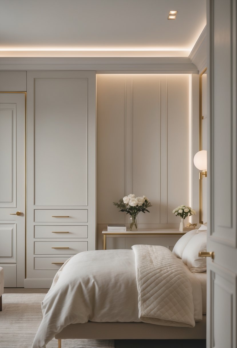 A peaceful bedroom with a neatly made bed and subtle gold and brass hardware accents on furniture and fixtures.