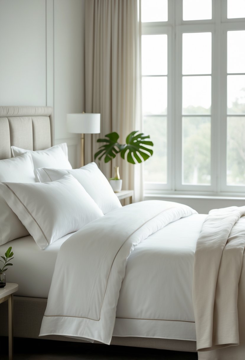 A neatly made bed with white high-quality sheets and pillows in a softly lit, peaceful bedroom.