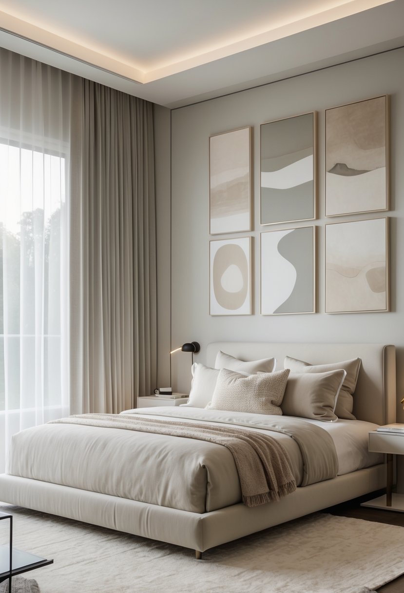 A calm and elegant bedroom with a bed, abstract artwork above it, soft natural light, and simple furnishings.