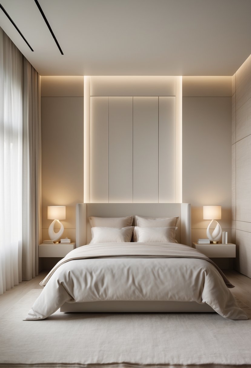 A peaceful bedroom with a large bed, simple nightstands, soft lighting, and minimal decor creating a calm and inviting atmosphere.