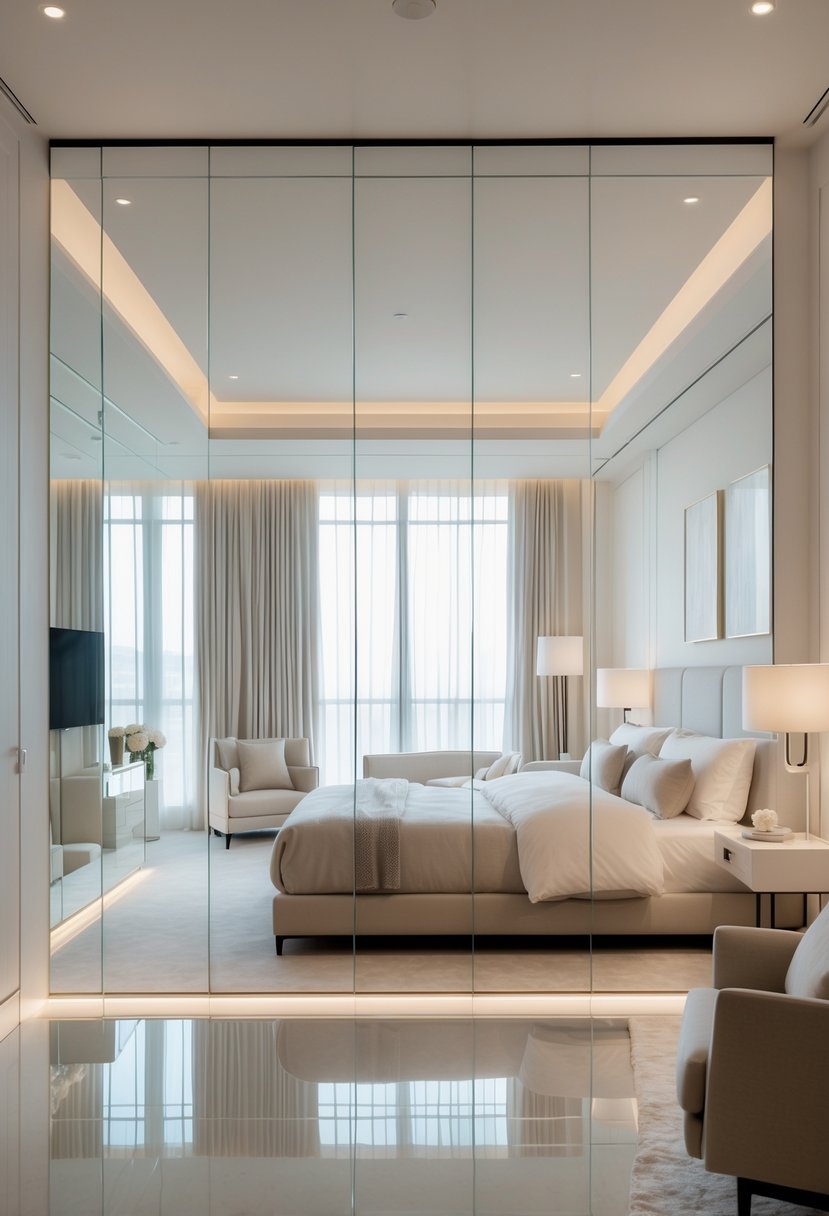 A quiet bedroom with a large bed, oversized thin-framed mirrors reflecting light, and simple furniture creating a spacious and calm atmosphere.