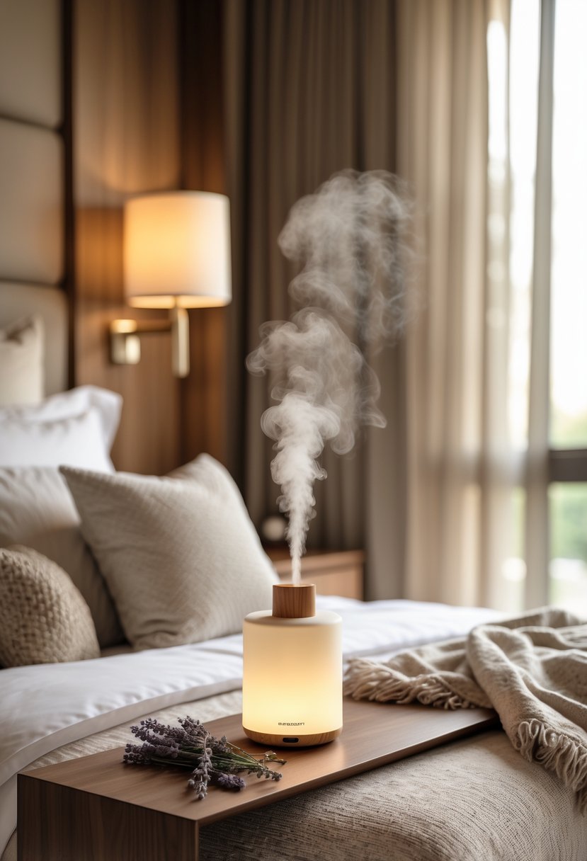 A calm bedroom with a neatly made bed, a wooden nightstand holding a scent diffuser with lavender and sandalwood nearby, bathed in soft natural light.