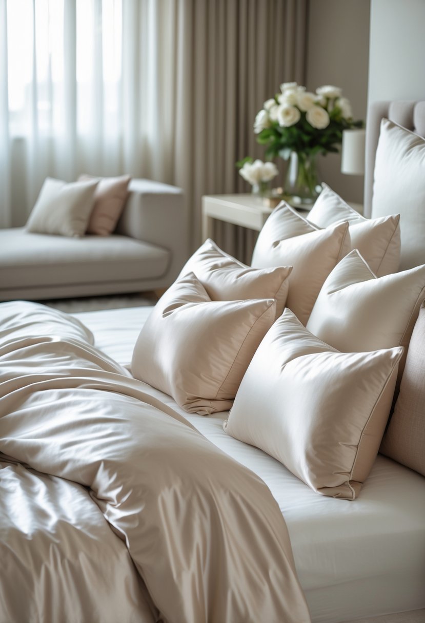 A neatly made bed with silk and satin throw pillows in a softly lit bedroom with minimalist furniture and a vase of flowers on a bedside table.