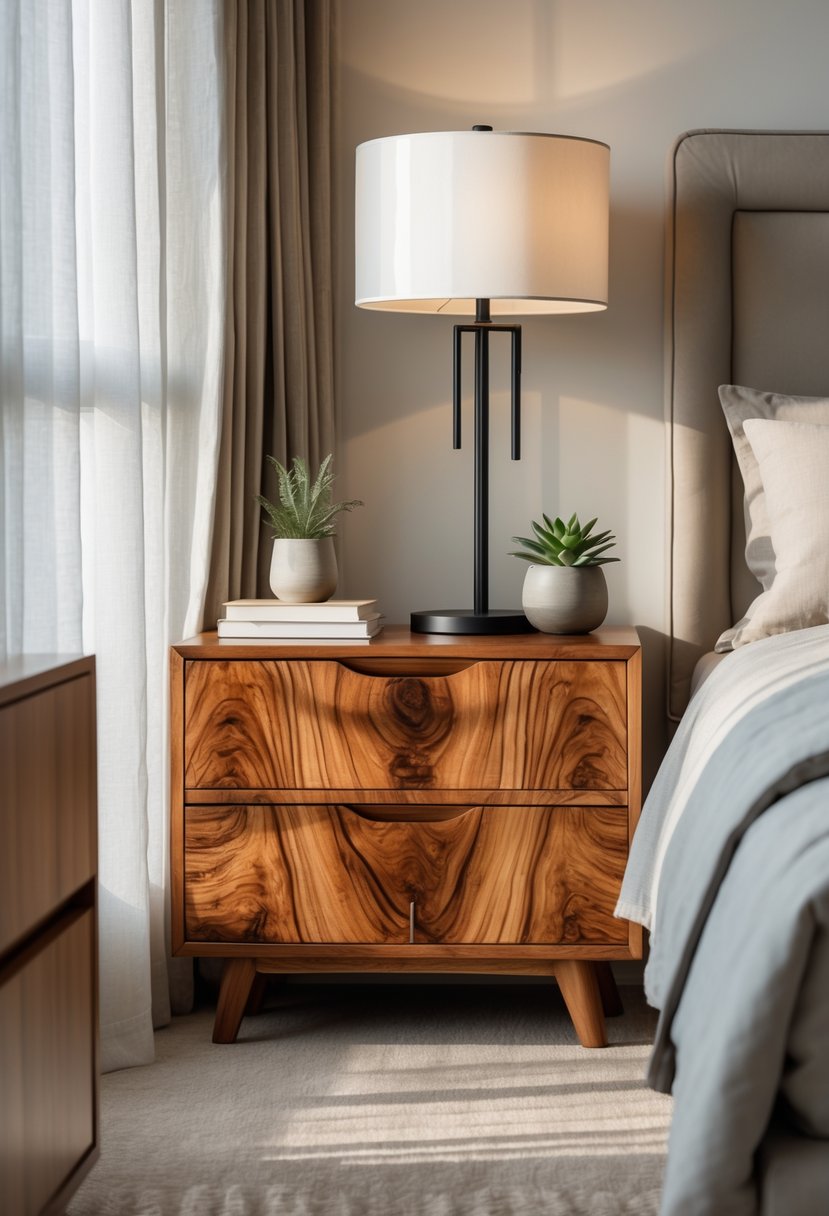 A bedroom corner with two wooden bedside tables featuring fine wood finishes, a bed with neutral bedding, a lamp, and a small plant.