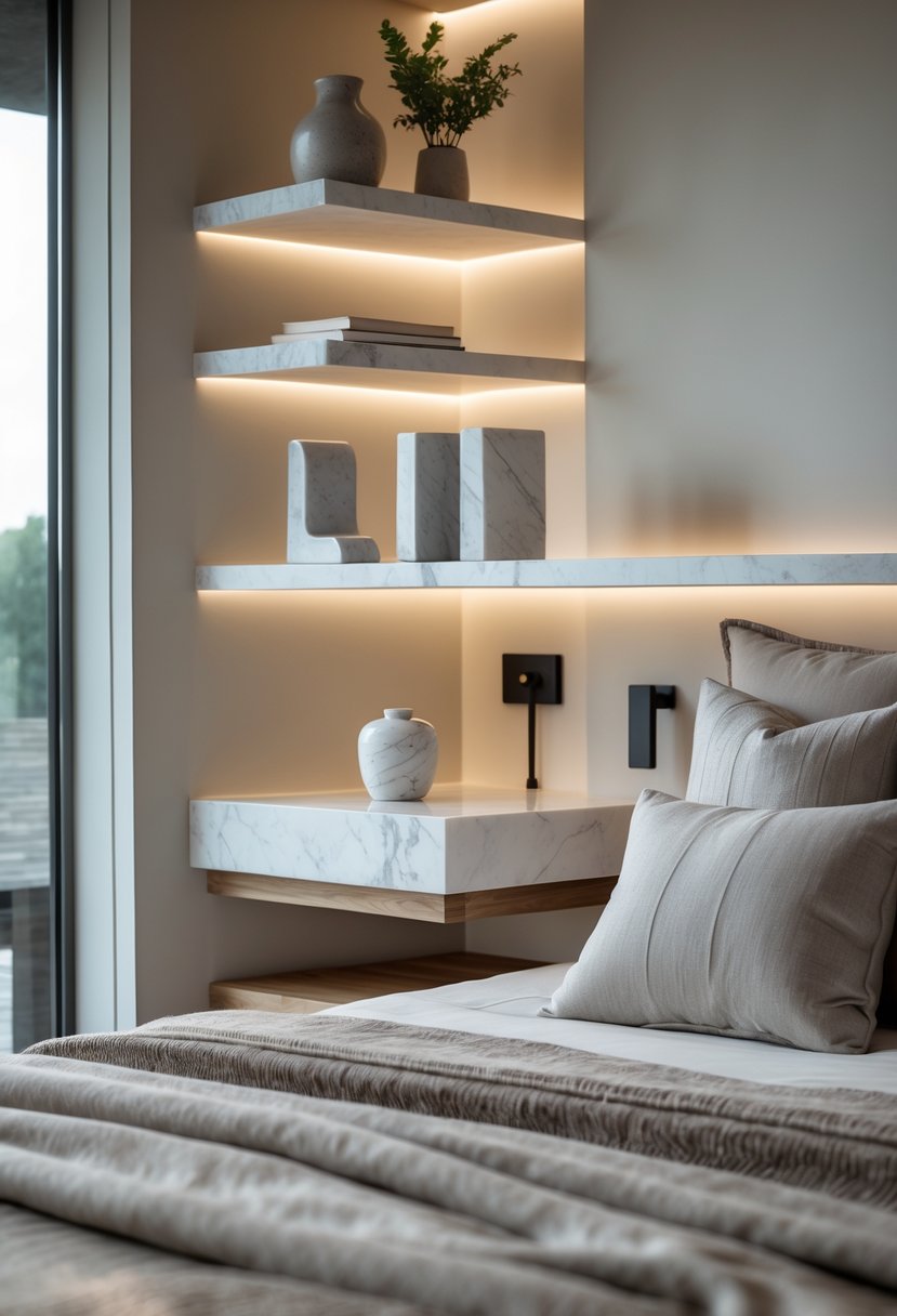 A calm bedroom with a neatly made bed, shelves with stone accents, and soft lighting.