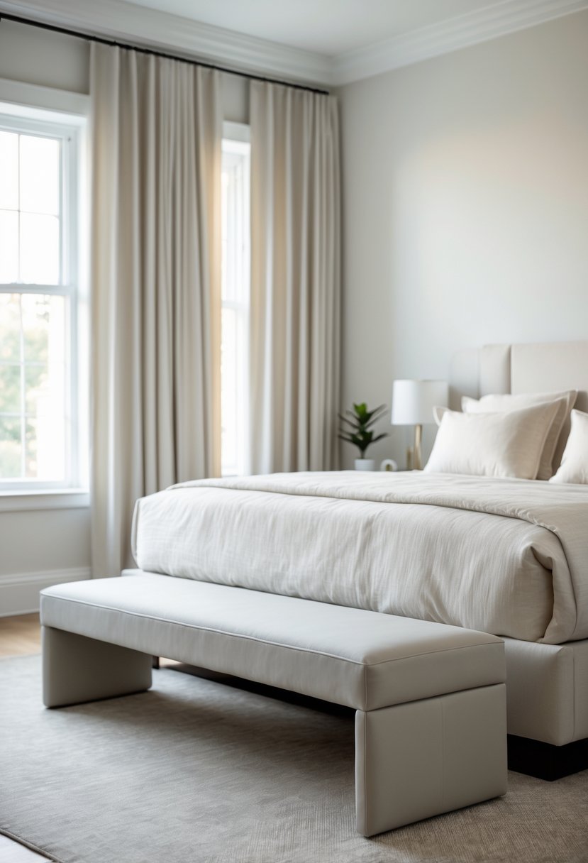 A bedroom with a bed and a sleek bench at its foot in muted colors, softly lit with natural light.