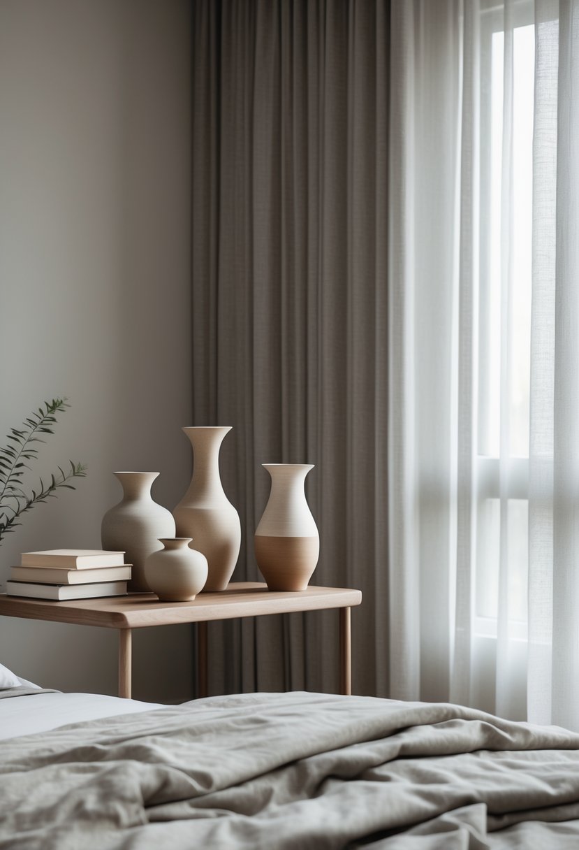 A calm bedroom with a wooden bedside table displaying several ceramic vases and a neatly made bed with neutral bedding.