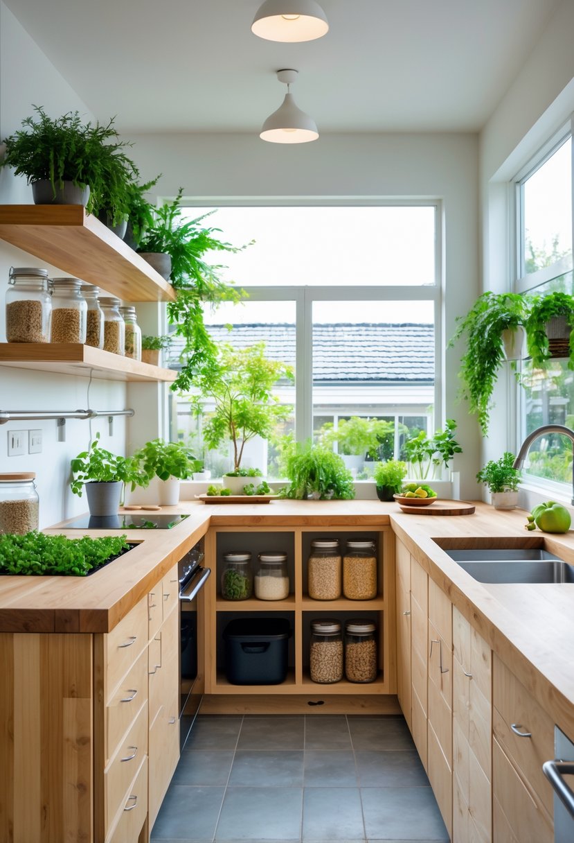 v2 17ydnu 5bub8 A modern kitchen with natural materials, indoor plants, and eco-friendly appliances emphasizing sustainable living.