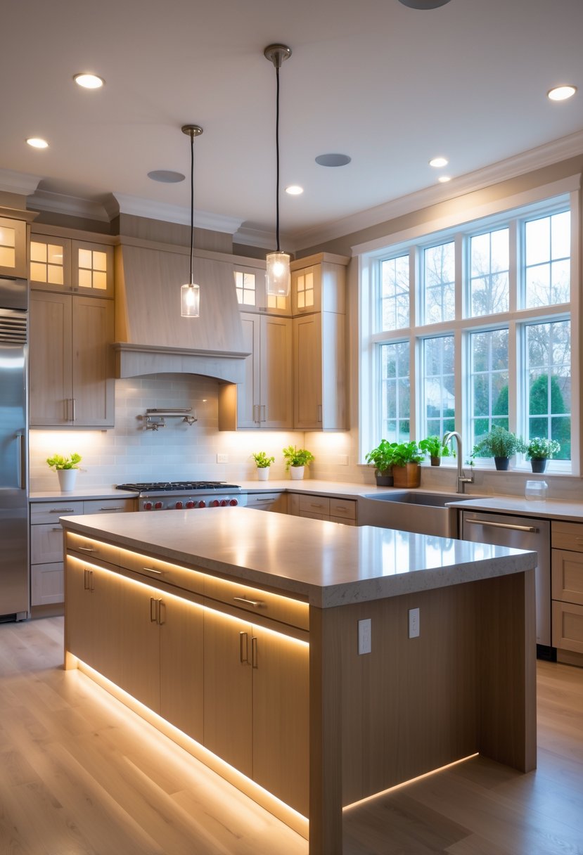 v2 17ydo6 nu83i A bright kitchen with LED lighting, wooden cabinets, a large island, stainless steel appliances, and potted herbs on the windowsill.