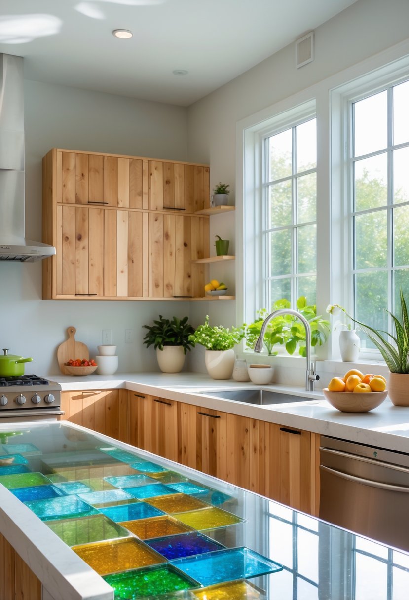 v2 17ydp0 gv89e A modern kitchen with a colorful recycled glass countertop, wooden cabinets, plants, and stainless steel appliances.