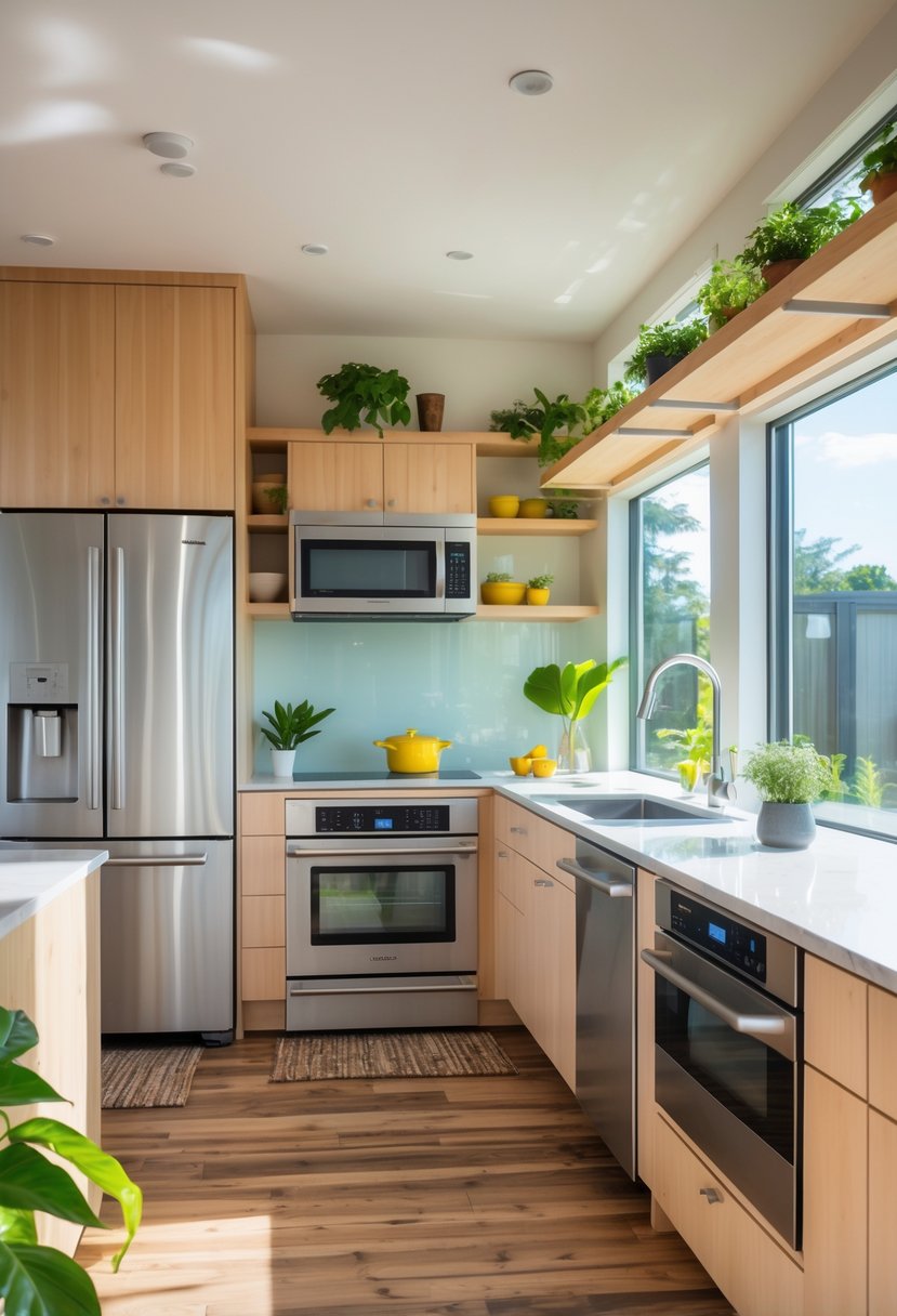 v2 17ydps 2yfpm A modern kitchen with stainless steel appliances, natural light, green plants, and eco-friendly materials.