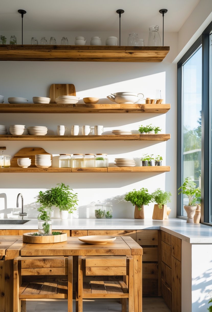 v2 17ydq7 id1uj A modern kitchen with open wooden shelves and furniture made from reclaimed wood, filled with dishes, plants, and natural light.
