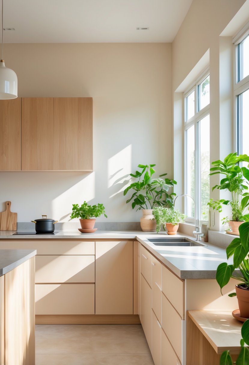 v2 17ydqj i384b A modern kitchen with wooden cabinets, stone countertops, green plants, and natural light coming through large windows.