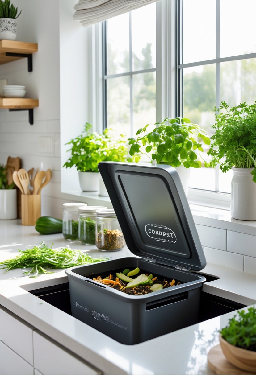 v2 17ydqv pl6vr A modern kitchen countertop with an open compost bin containing organic waste, surrounded by plants and eco-friendly kitchen items.