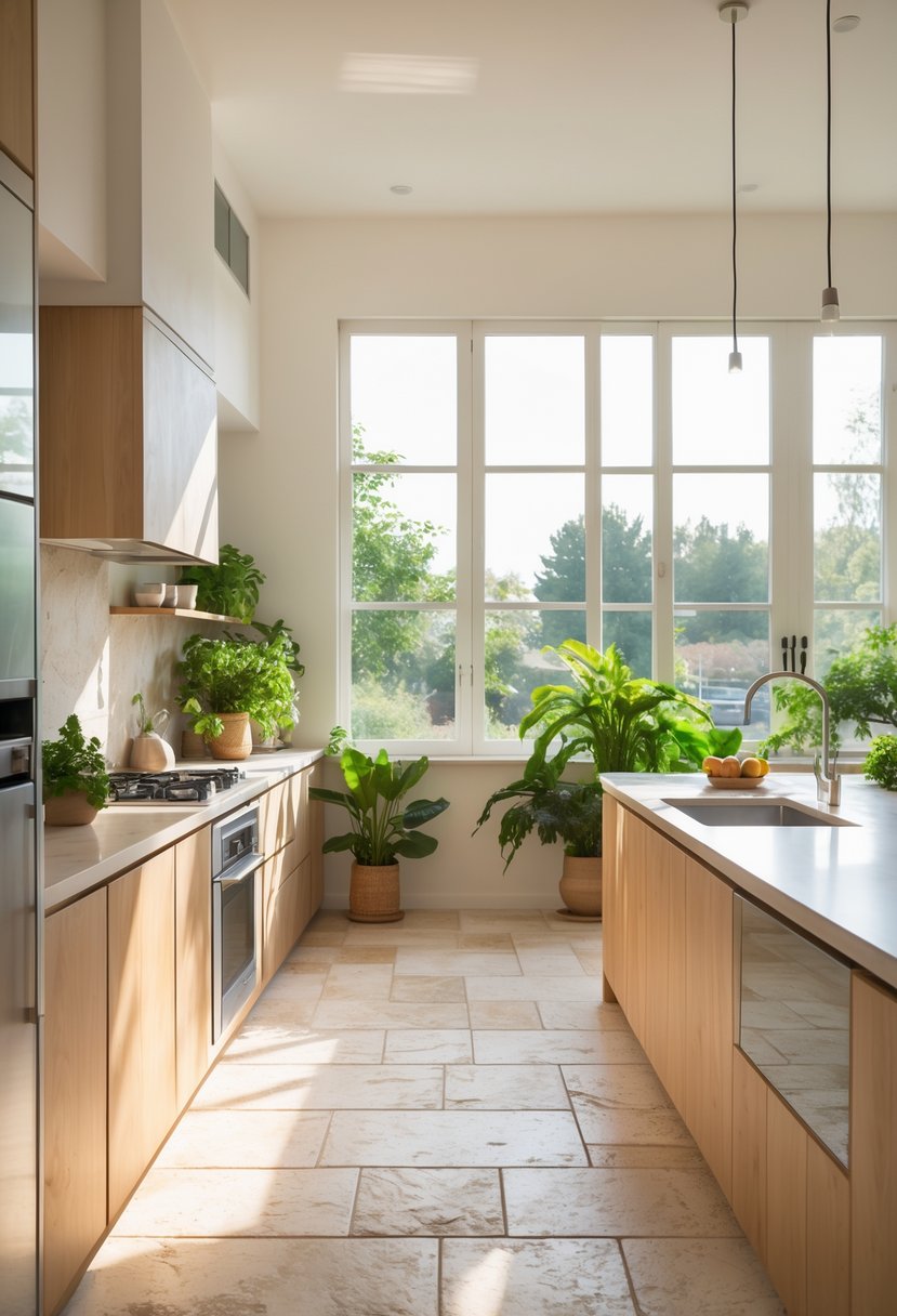 v2 17ydra 62h1i A modern kitchen with natural stone flooring, wooden cabinets, and green plants illuminated by natural light.