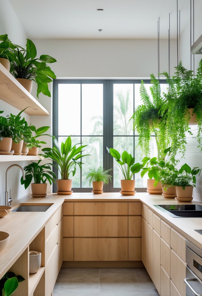 v2 17ydrz 1mgew A modern kitchen filled with various indoor plants placed on shelves, countertops, and hanging planters near a large window.