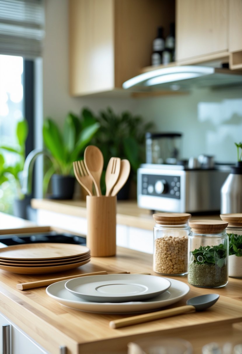 v2 17ydsq gfbfc A modern kitchen countertop displaying biodegradable and recyclable kitchenware with green plants and natural light.