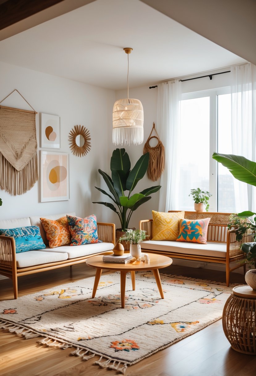 A bright living room with wooden furniture, colorful cushions, plants, and decorative items arranged neatly in a well-lit space.
