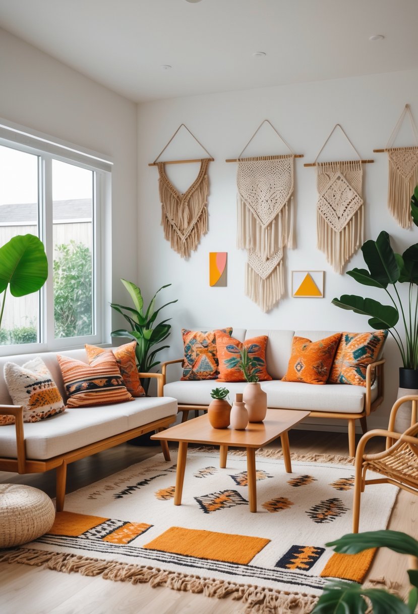 A bright living room with a wooden sofa, patterned cushions, a coffee table with decorative items, woven wall hangings, and indoor plants.