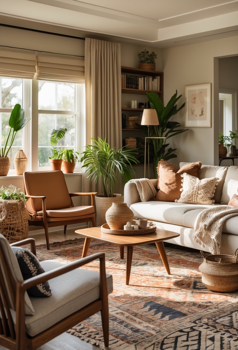 A well-lit living room with a comfortable seating area, wooden furniture, plants, and decorative textiles arranged neatly.