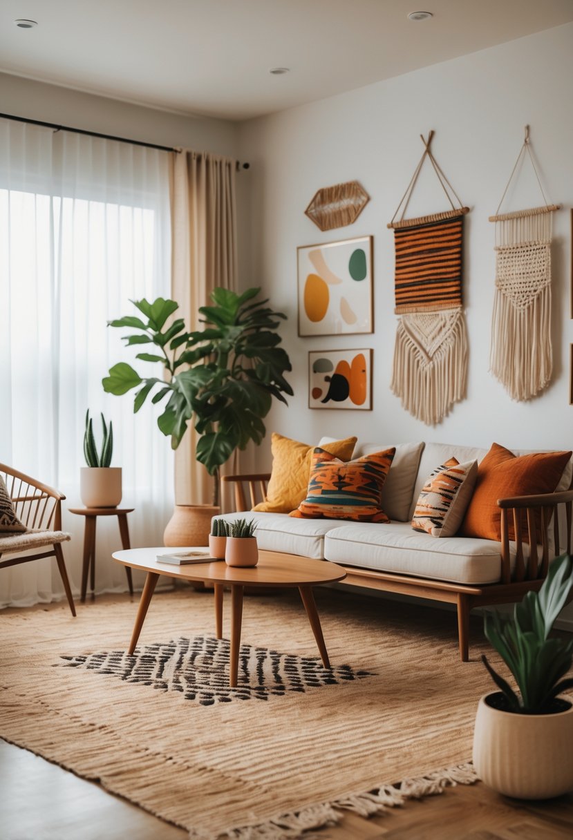 A bright and cozy living room with a wooden sofa, patterned cushions, a coffee table, plants, and wall decorations.