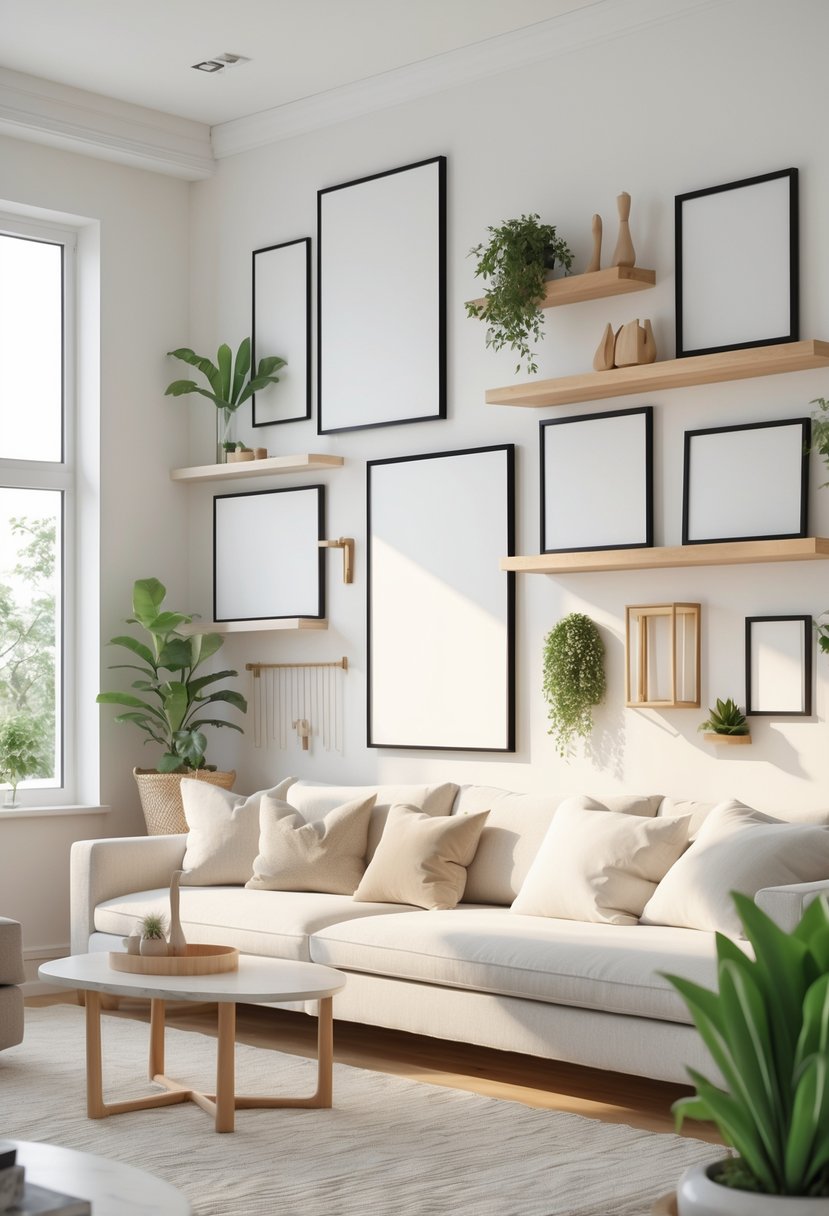 A modern living room with various blank wall decor elements including empty frames, shelves, and decorative accents.