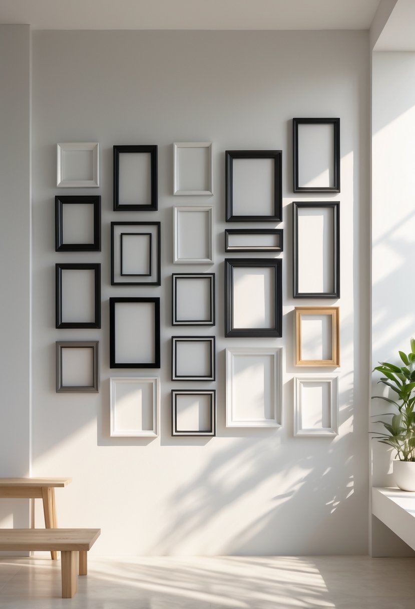 A blank wall decorated with various empty picture frames of different sizes and colors arranged in a gallery style.