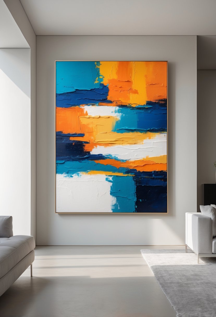 A large colorful abstract painting hanging on a blank wall in a modern living room with minimal furniture and natural light.