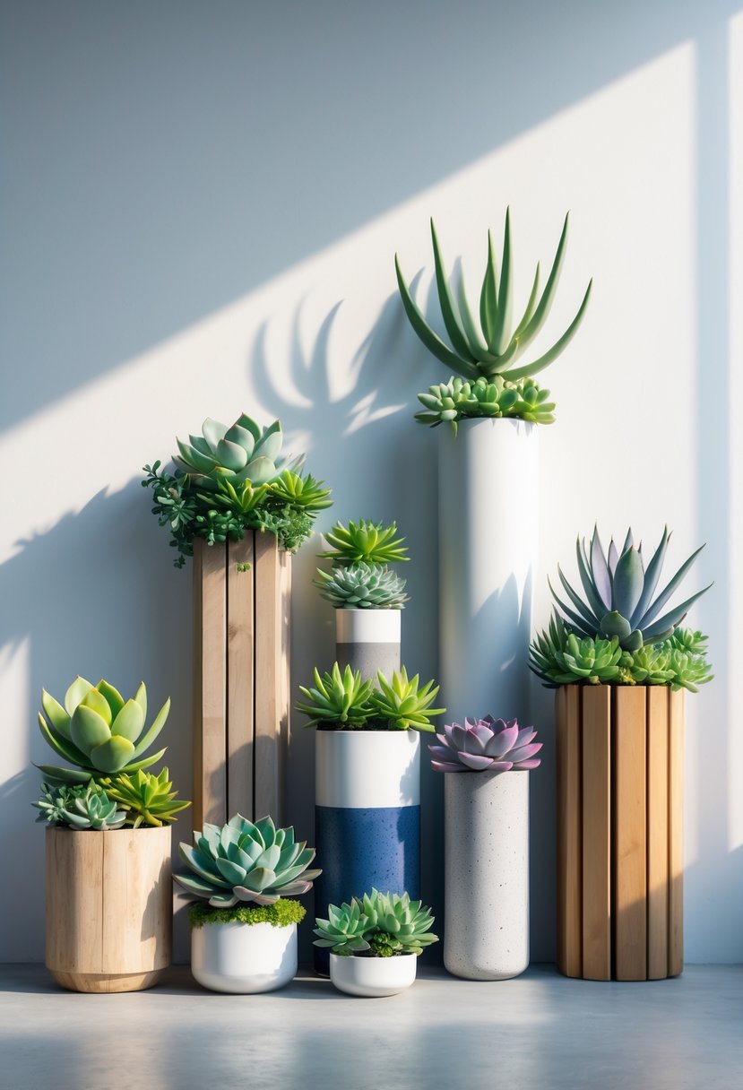 Multiple vertical succulent planters with various green and purple plants arranged on a blank wall.