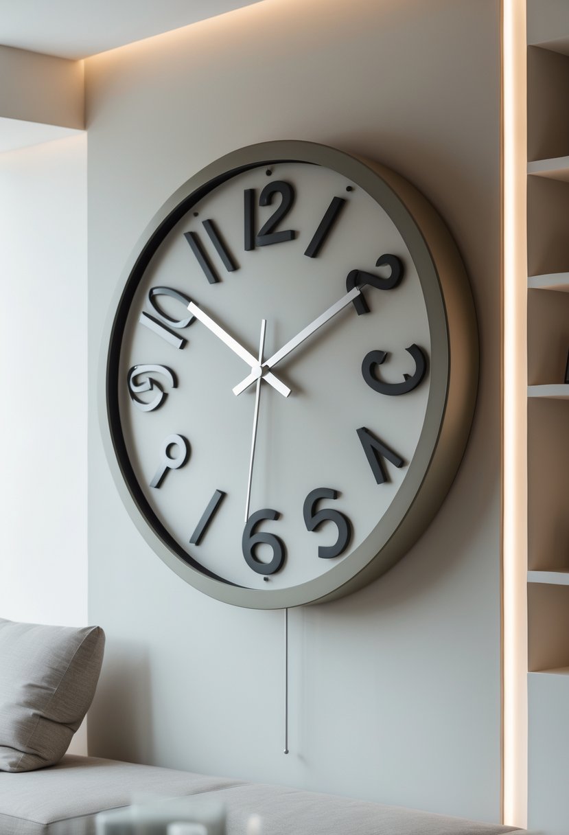 A large wall clock hanging on a plain wall in a living room with minimal decor.