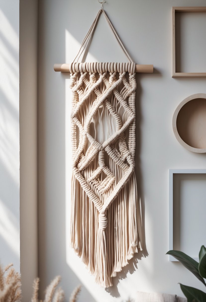 A cozy room with a detailed macramé wall hanging on a light wall surrounded by empty picture frames and shelves.