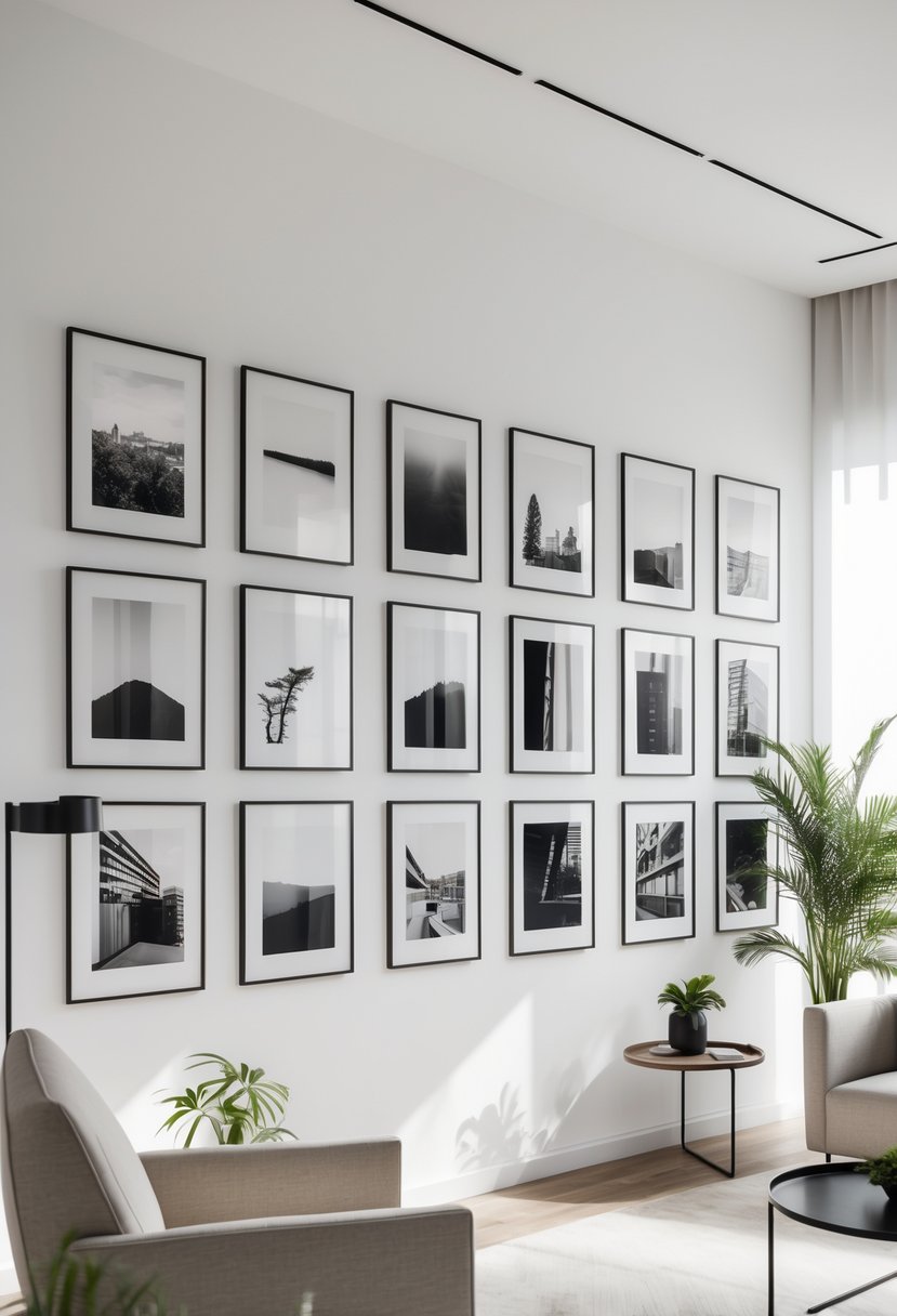 A modern room with a blank wall decorated with multiple framed black and white photographs and minimalist furniture.