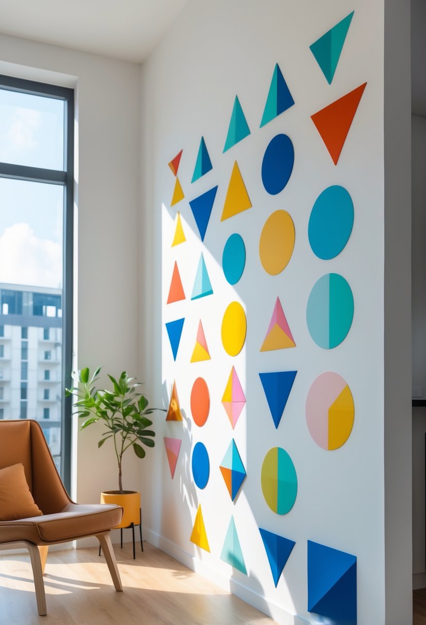A brightly lit room with a blank wall decorated with colorful geometric shapes and minimal furniture nearby.
