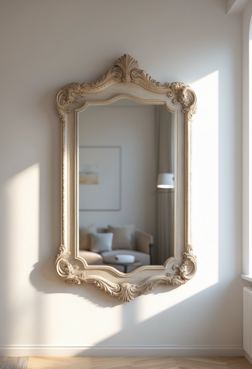 A large decorative framed mirror hanging on a blank wall in a softly lit modern room.