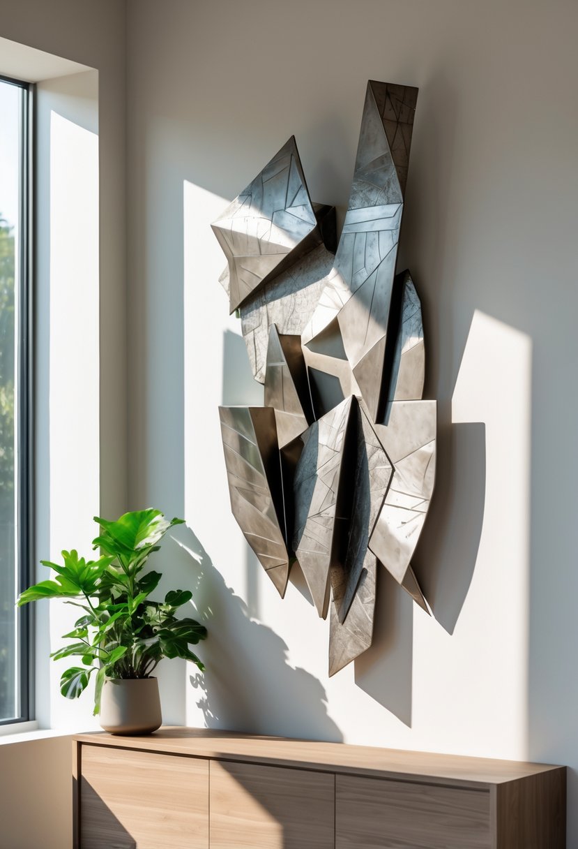 A modern room with a large metal wall sculpture on a blank wall above a wooden table with a green plant.