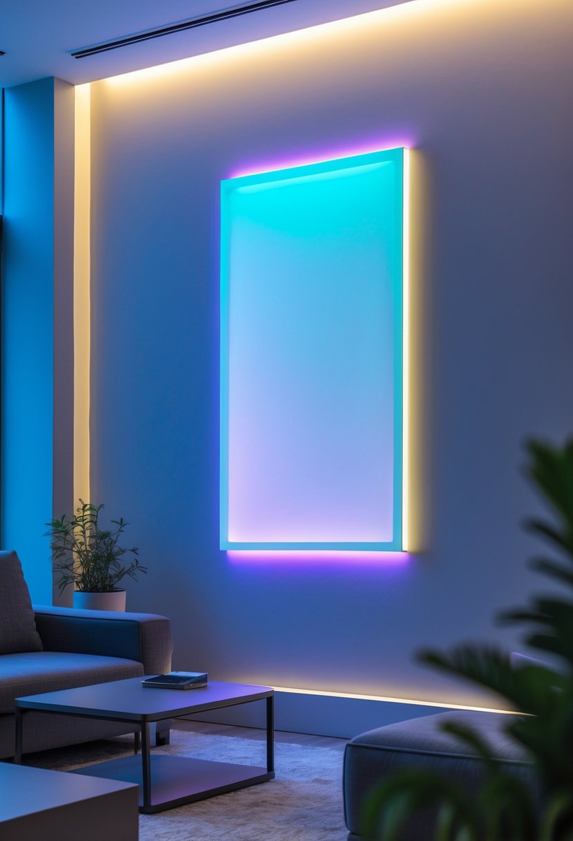 A modern room with a blank wall featuring LED backlit artwork glowing softly, surrounded by a sofa, a plant, and a coffee table.