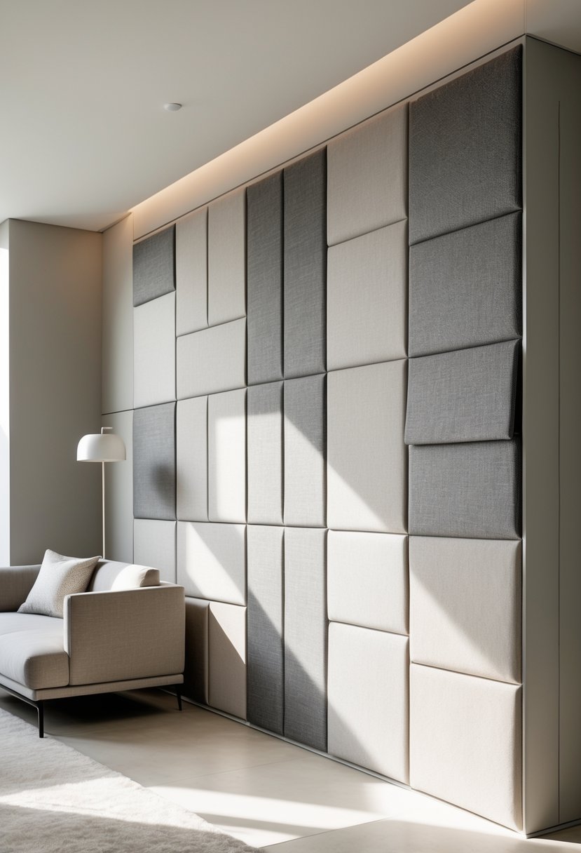 A modern interior wall featuring textured fabric panels arranged in a geometric pattern with a simple sofa nearby.