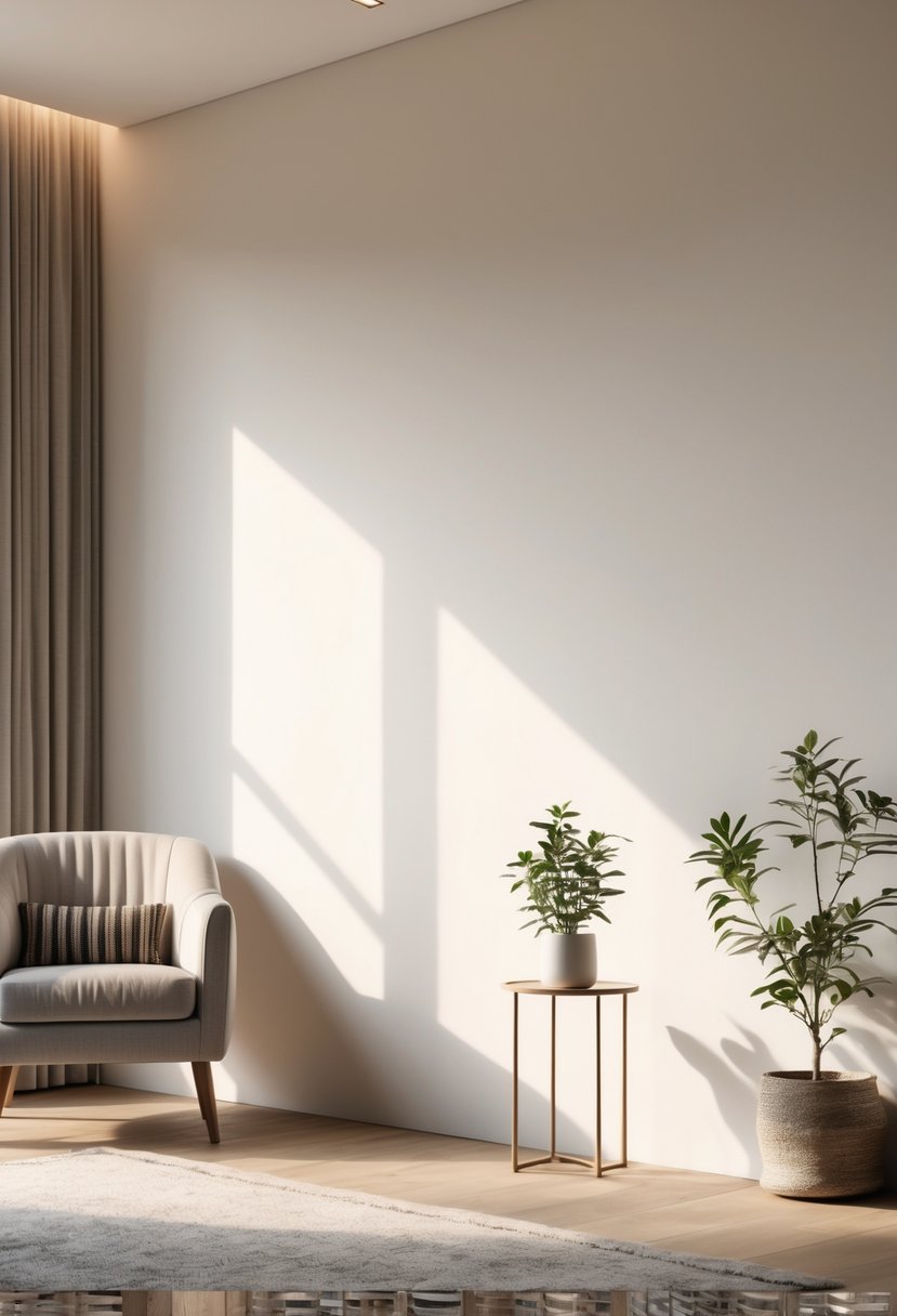 A cozy living room with a blank wall, an armchair, a side table, and a potted plant.