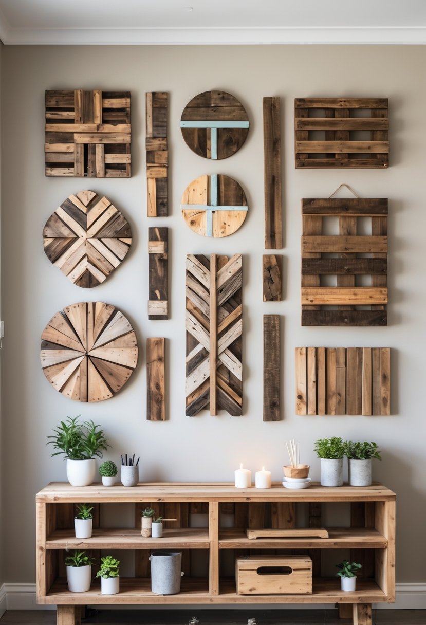 Interior wall decorated with various wooden art pieces made from pallet wood above a wooden table with plants and decorative items.