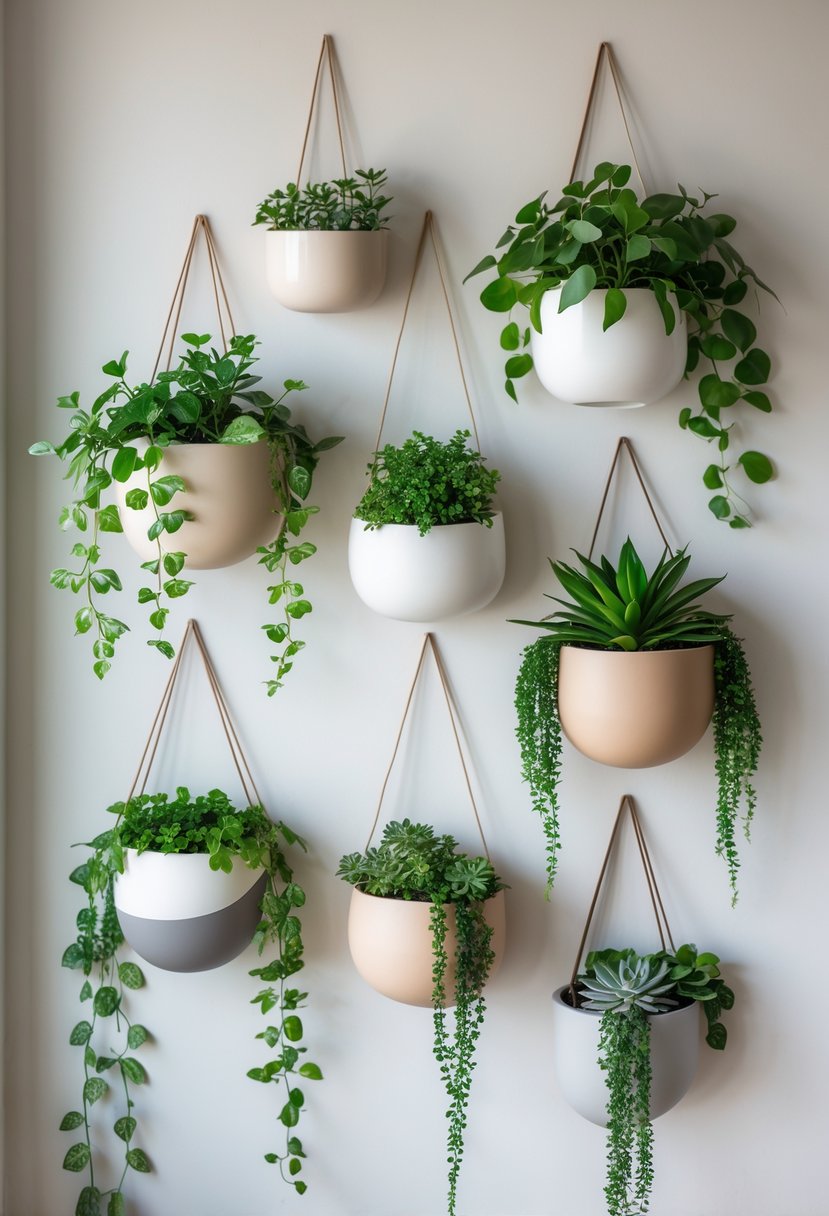 A blank wall decorated with various hanging ceramic planters holding green plants and vines.