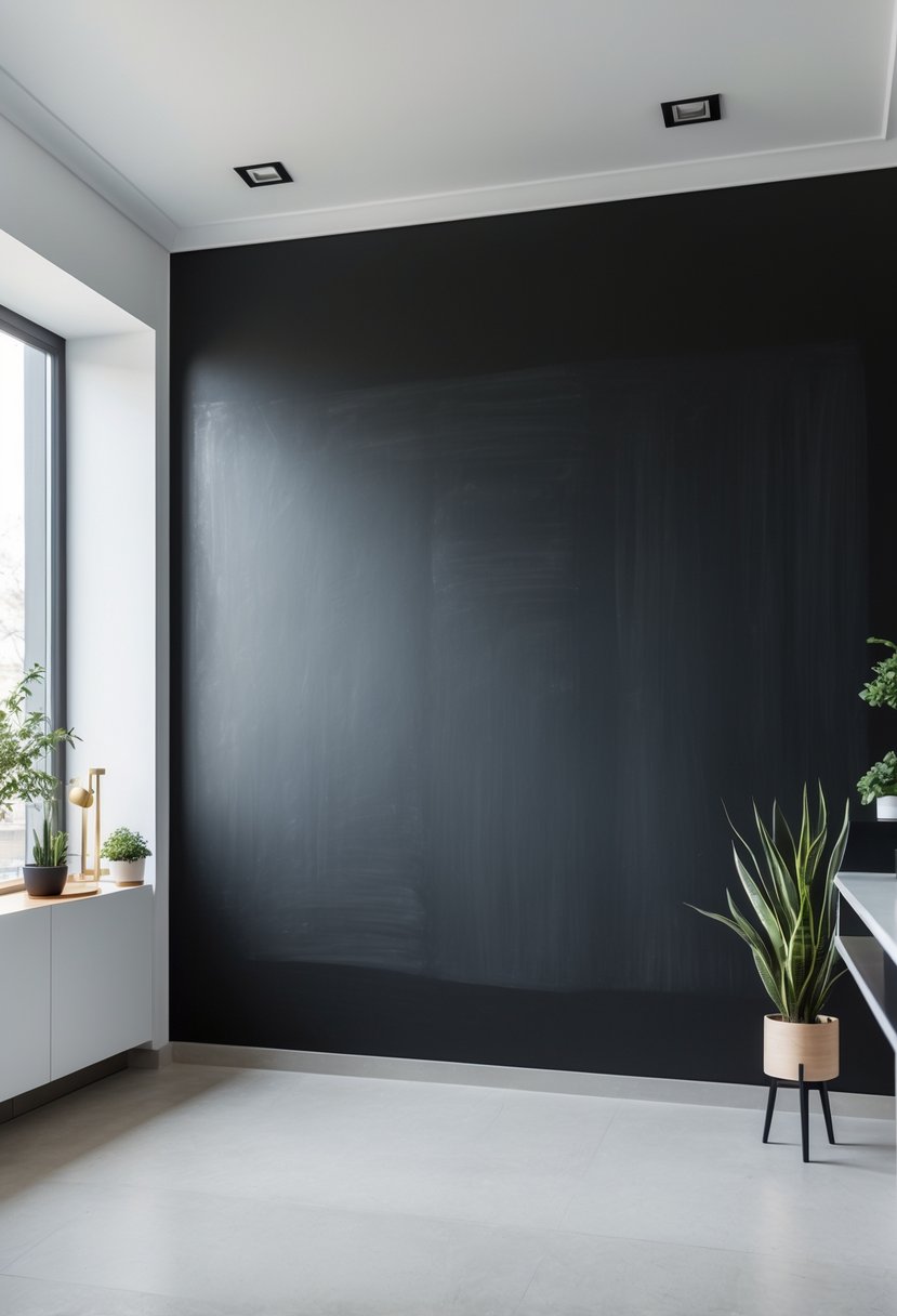 Interior room with a blank black chalkboard paint wall accented by light-colored walls and minimal decor.