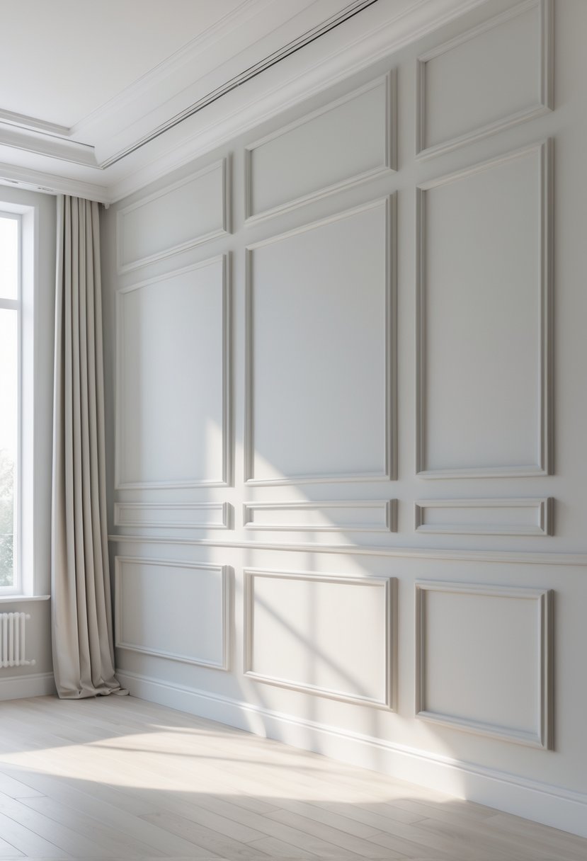 A blank wall with layered molding creating geometric patterns in a well-lit, modern room.