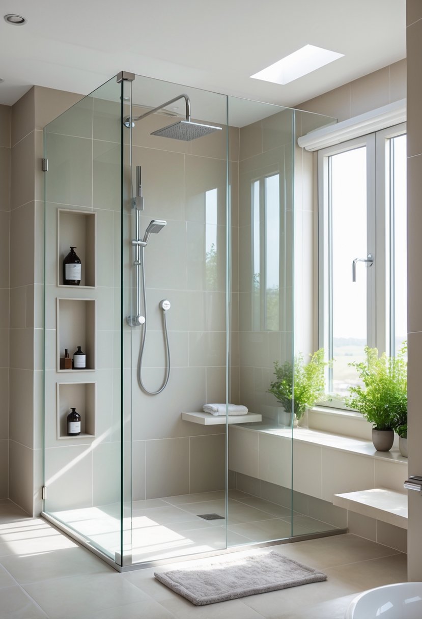 A modern bathroom with a spacious walk-in shower featuring clear glass panels, large tiles, a rainfall showerhead, and built-in shelves.