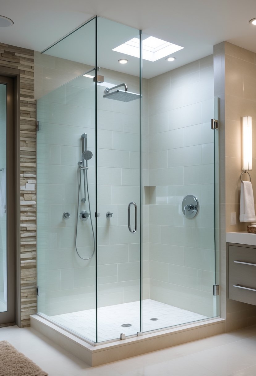 A modern bathroom with a seamless glass walk-in shower enclosure and minimalist fixtures.
