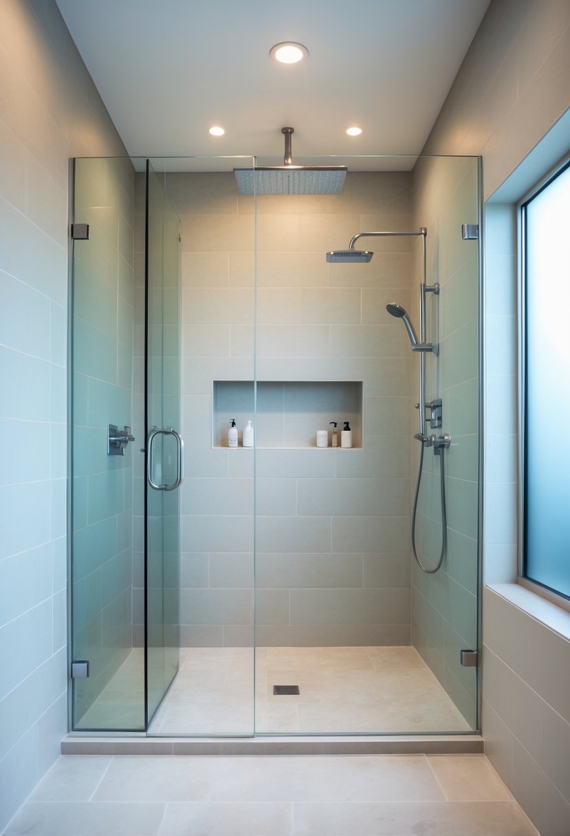 A spacious walk-in shower with large light-colored tiles and minimal grout lines, featuring a glass enclosure and modern shower fixtures.