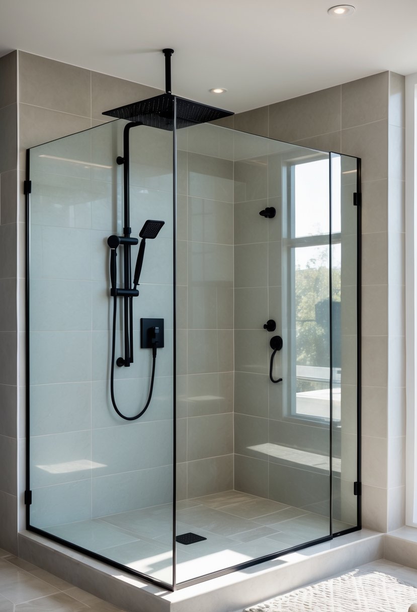 A walk-in shower with clear glass panels, matte black fixtures, gray tiled walls, and a stone tile floor.
