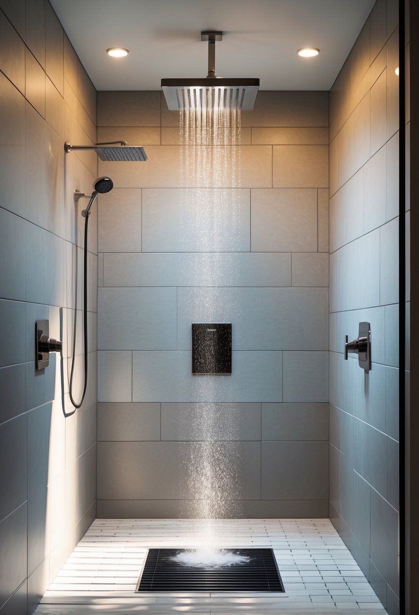 A modern walk-in shower with a linear drain and glass enclosure.