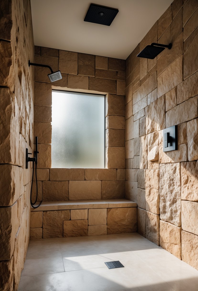 A spacious walk-in shower with textured stone walls and modern black fixtures illuminated by natural light.