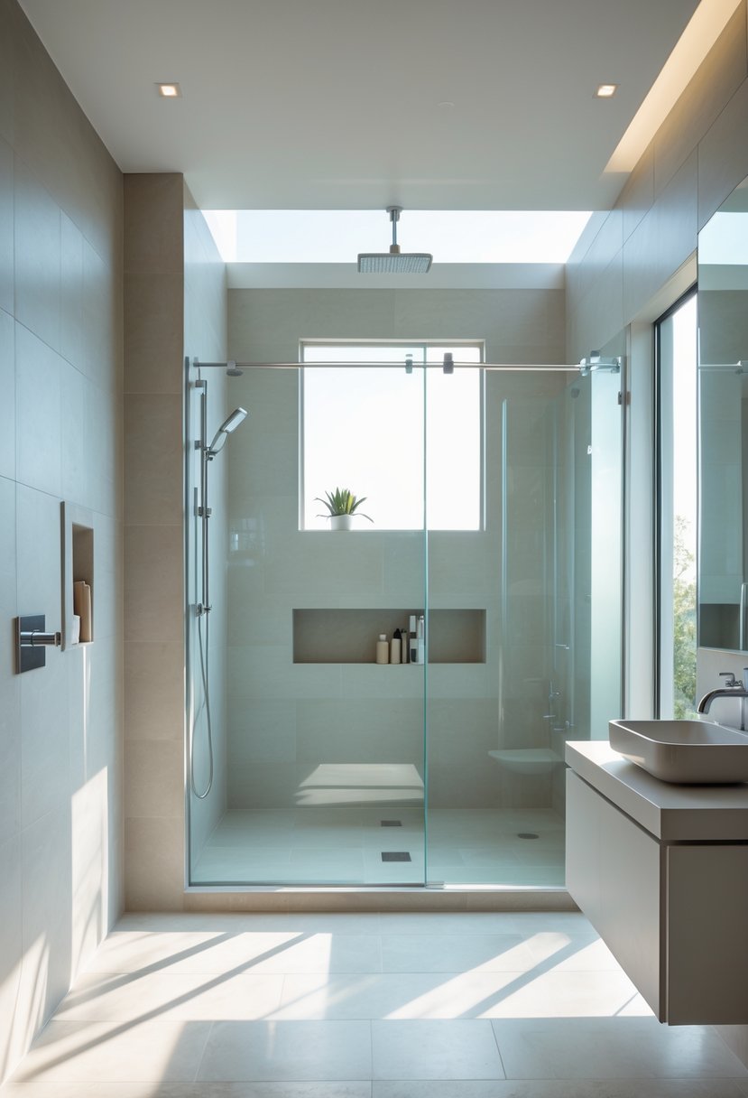 A spacious modern bathroom with a frameless glass walk-in shower, tiled floor, and natural light coming through a window.