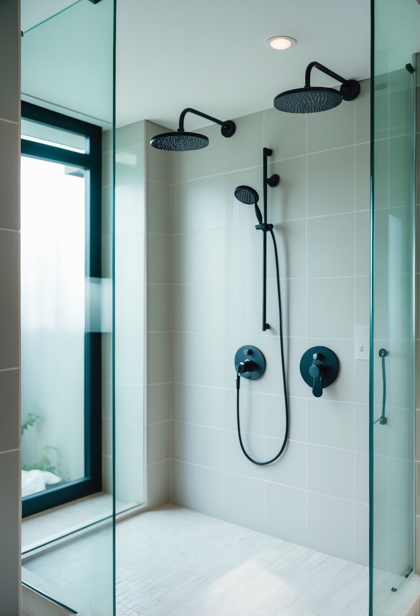 A modern walk-in shower with two shower heads mounted on a tiled wall inside a bright bathroom.